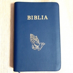 Biblie mediu-mare, Piele naturala Bleu marin cu maini